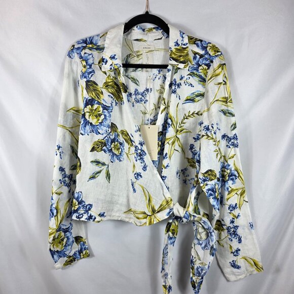 Joie Long Sleeve Linen Wrap Blouse Women's Size Large Ivory, Blue, Yellow Floral - Picture 1 of 12